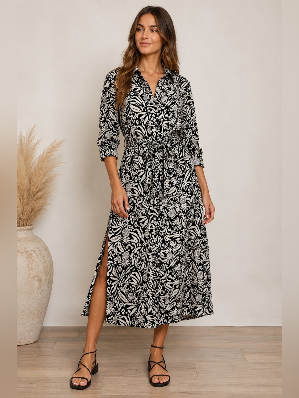 LOFT Linen Blend Botanical Print Button Front Maxi Shirt Dress Size 12